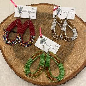 Boho Maasai Beaded Pierced Earrings. 3 Sets Green/Gold, White/Gold, Red/…